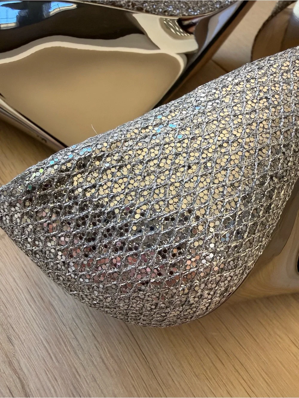 Jimmy Choo Silver Glitter Peep-Toe Wedge Heels